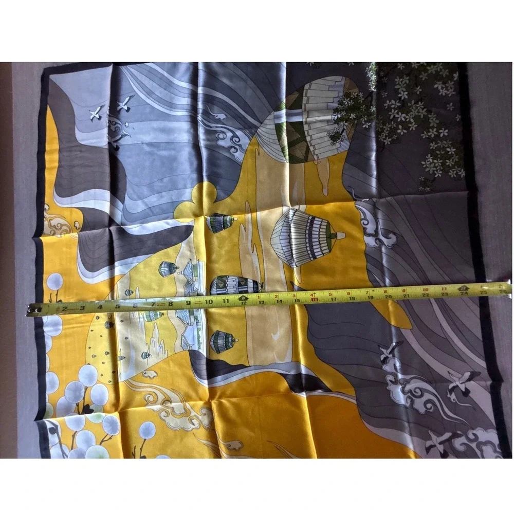 Silk Square Scarf‎ Hot Air Balloon Landscape Print Yellow Grey Black 25